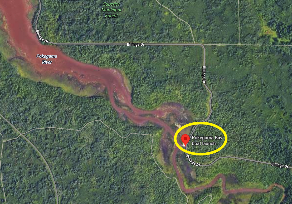 The Pokegama Bay boat launch is denoted with a red pin and circled in yellow on a map.
