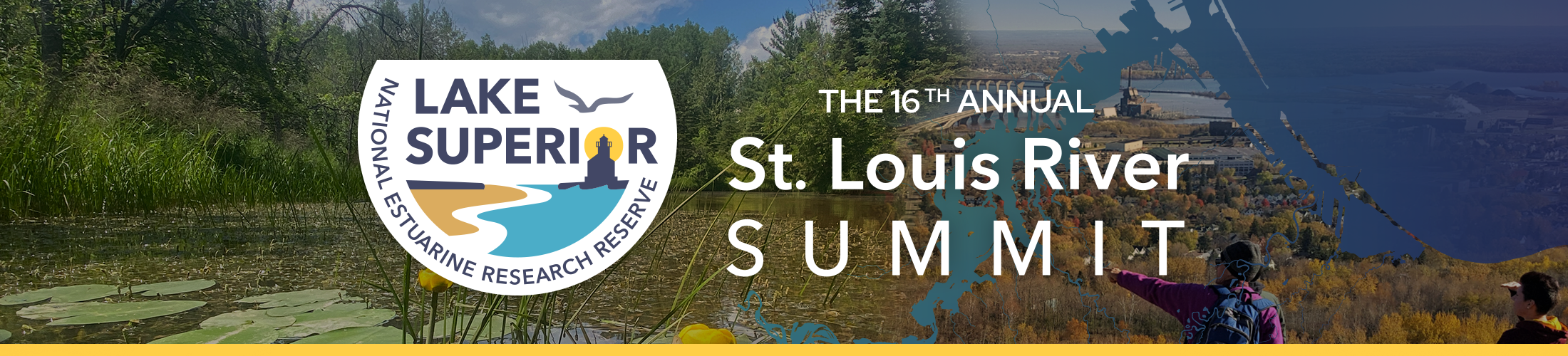Image banner for the 16th Annual St. Louis River Summit showing a collage of sweeping views of Pokegama Bay and the St. Louis River Estuary.
