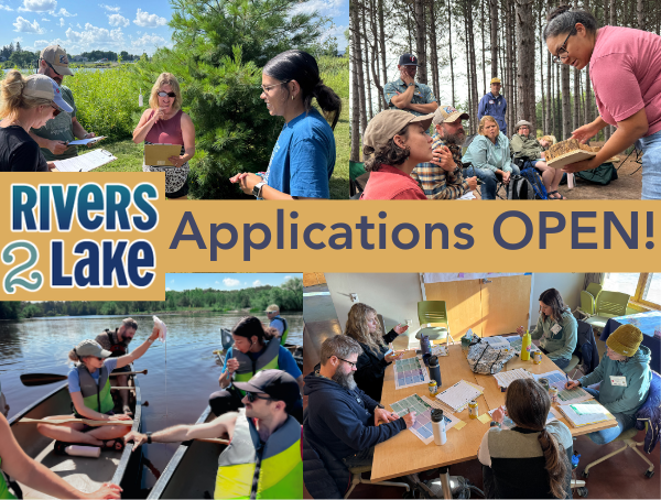 A mosaic of images showcasing Rivers2Lake teachers and mentors in action, behind text announcing that applications for the program are open.