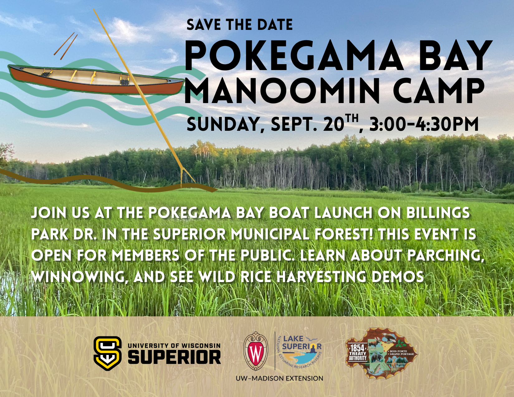 Save the Date: Pokegama Bay Manoomin Camp. Sunday, Sept.20th, 3:00-4:30pm